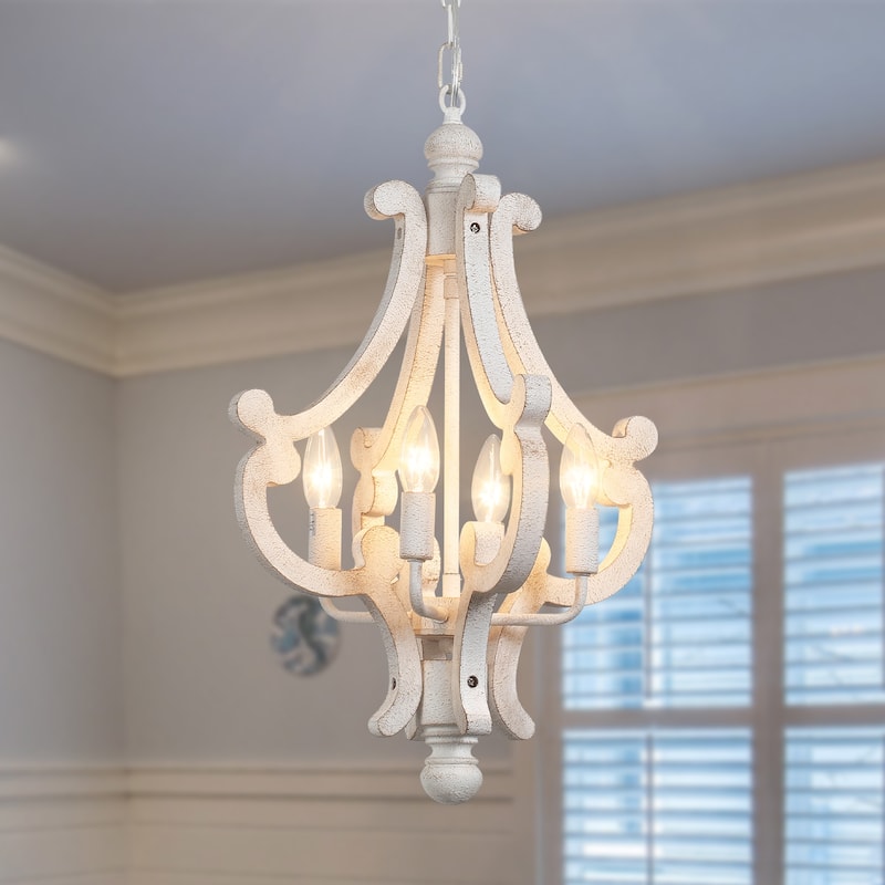 4-Light 14.56-inch Wooden Lantern Rustic Chandeliers for Entryway Hallway - Coat/Paint Distressing
