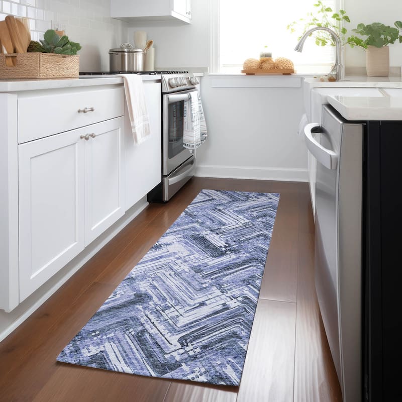 Machine Washable Indoor/ Outdoor Chantille Modern Chevron Rug - Blue - 2'3" x 7'6"