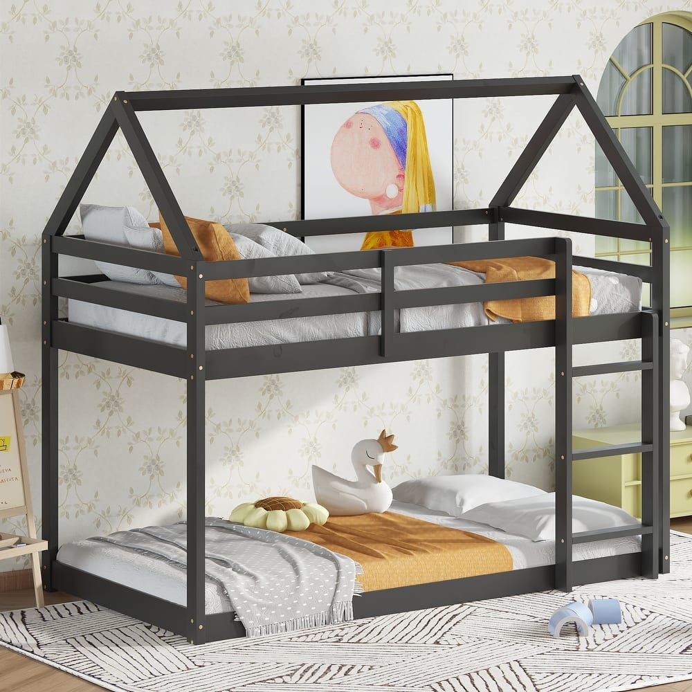 House-shaped Bed Frame, Twin Over Twin Low Bunk Bed with House Roof, No Slats Floor Bed, Ladder and Guardrails, Floor Bunk Bed