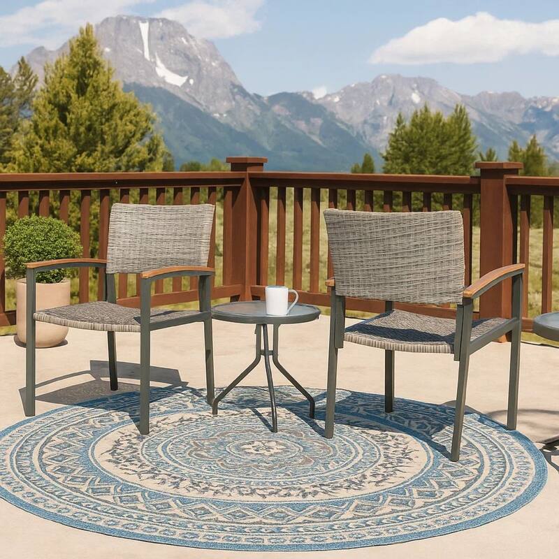 Outdoor Dining Chair Set of 2, Mesh Seat, Gray Rattan and Brown Faux Wood