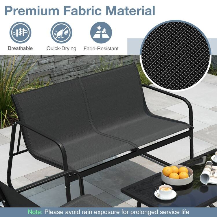 4 Piece Black Fabric Metal Outdoor Conversation Set with Table and Chairs - Table: 33.5" × 18" × 16" (L × W × H)