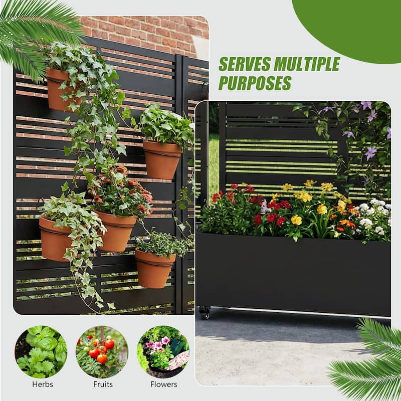 Metal Galvanized Planter Box with Trellis Privacy Screen Lockable Wheels Set of 2