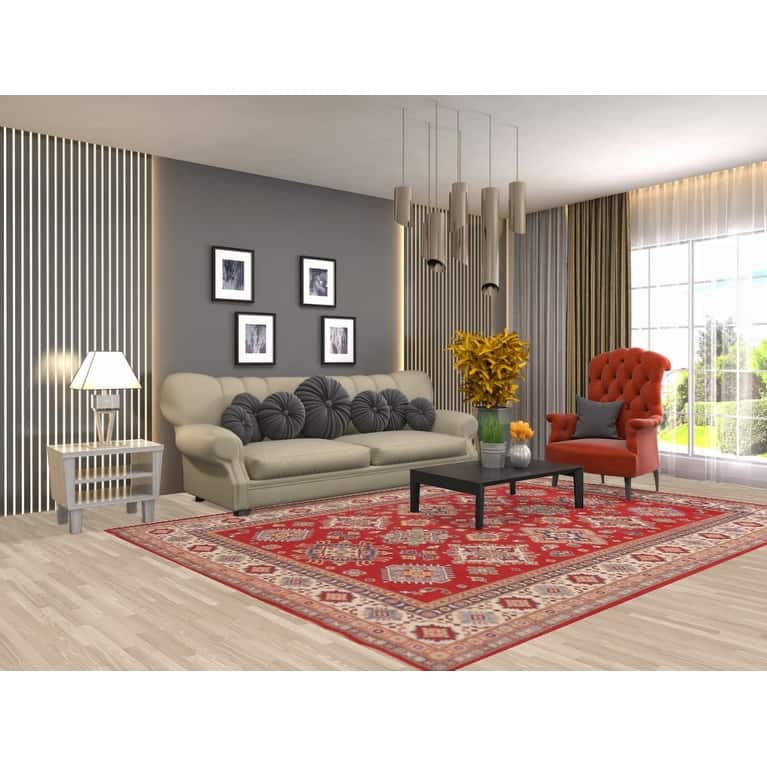 Red Kazak Area Rug Handmade Geometric Wool Carpet - 7'2"x 10'0"
