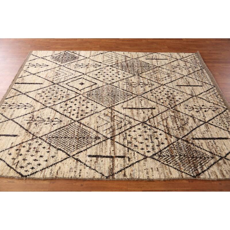 Geometric / Modern Moroccan Oriental Rug Handmade Beige Wool Carpet - 6'1" x 7'7"