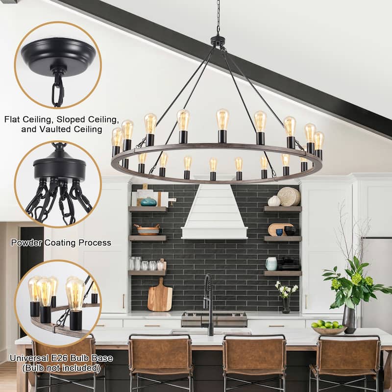 20 - Light Farmhouse Metal Round Industrial Chandelier for Dining Room Entryway Kitchen Island - N/A