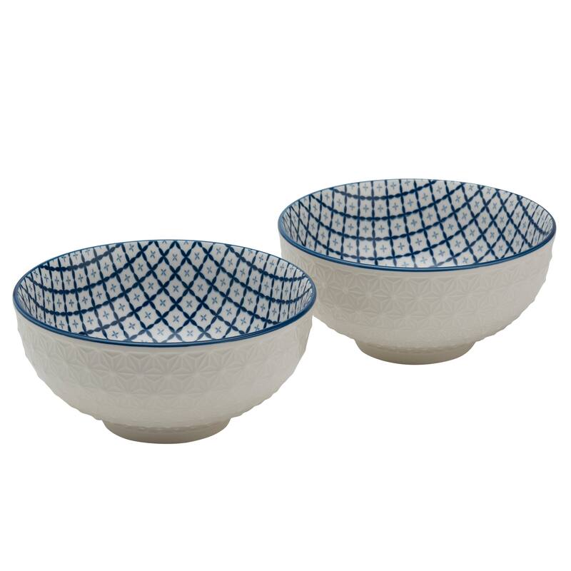 Tabletops Gallery 6.5" White Embossed Diamond & Blue Pattern Stoneware Ramen Noodle Bowls, Set of 2