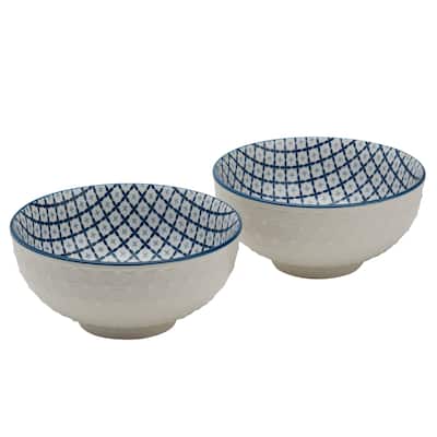 Tabletops Gallery 6.5" White Embossed Diamond & Blue Pattern Stoneware Ramen Noodle Bowls, Set of 2
