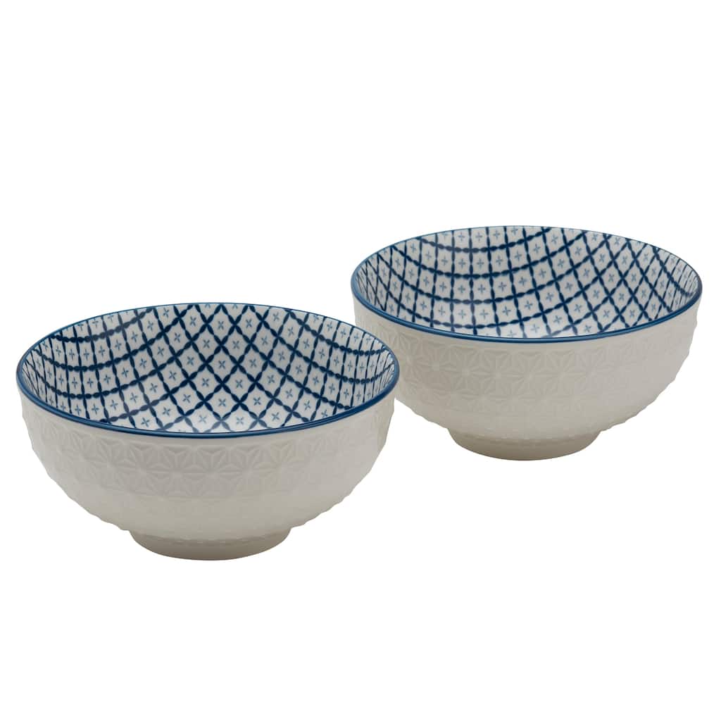 Tabletops Gallery 6.5" White Embossed Diamond & Blue Pattern Stoneware Ramen Noodle Bowls, Set of 2