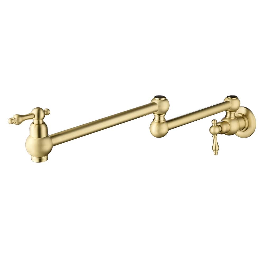 YASINU Traditional Double Handle Wall Mount Kitchen Pot Filler Faucet in Brushed Gold