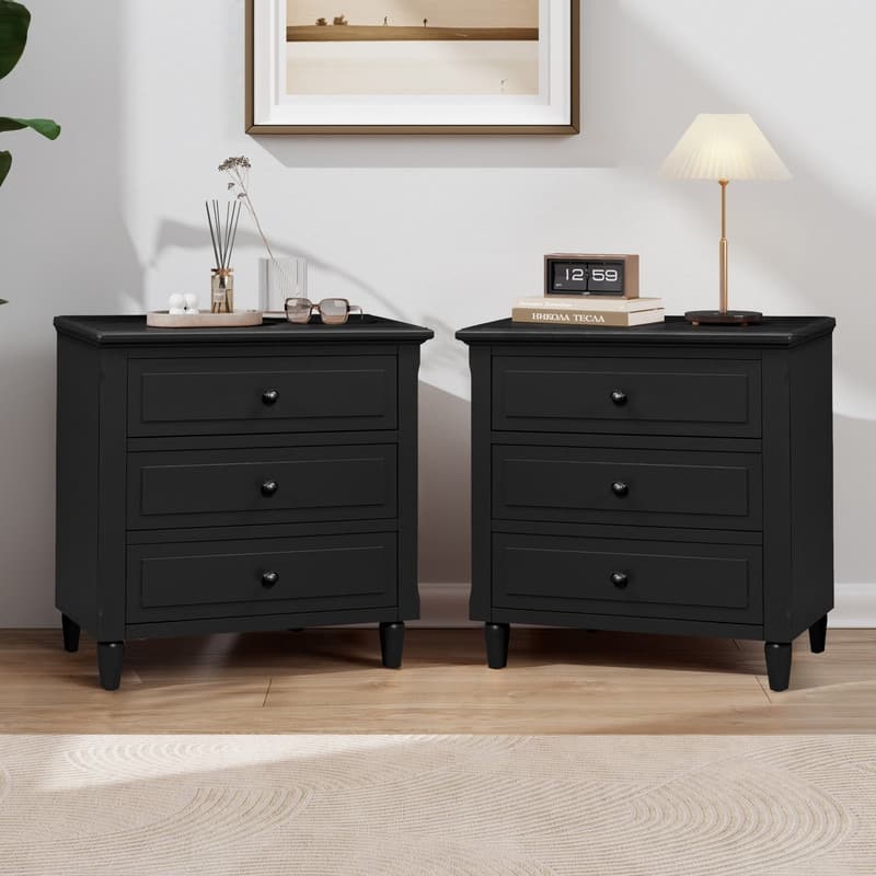 Elegant 3-Drawer Nightstand (Set of 2) Storage Cabinet Crafted from Solid Wood for Bedroom Organization