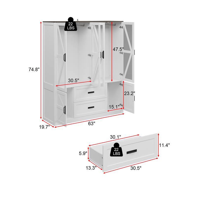 Wardrobe Closet with Glass Doors, 6 Cabinets, 2 Drawers & LED Hanging Rods Bedroom Armoire Storage Organizer