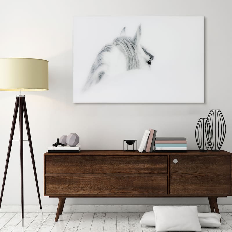 "Blanco Mare Horse" Frameless Free Floating Tempered Glass Panel Graphic Wall Art