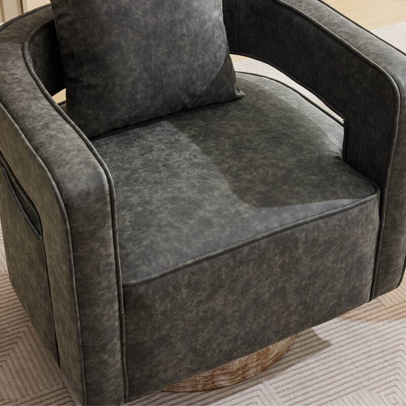 Modern Swivel Chair,PU leather Barrel Chair with Wooden Base and pillow