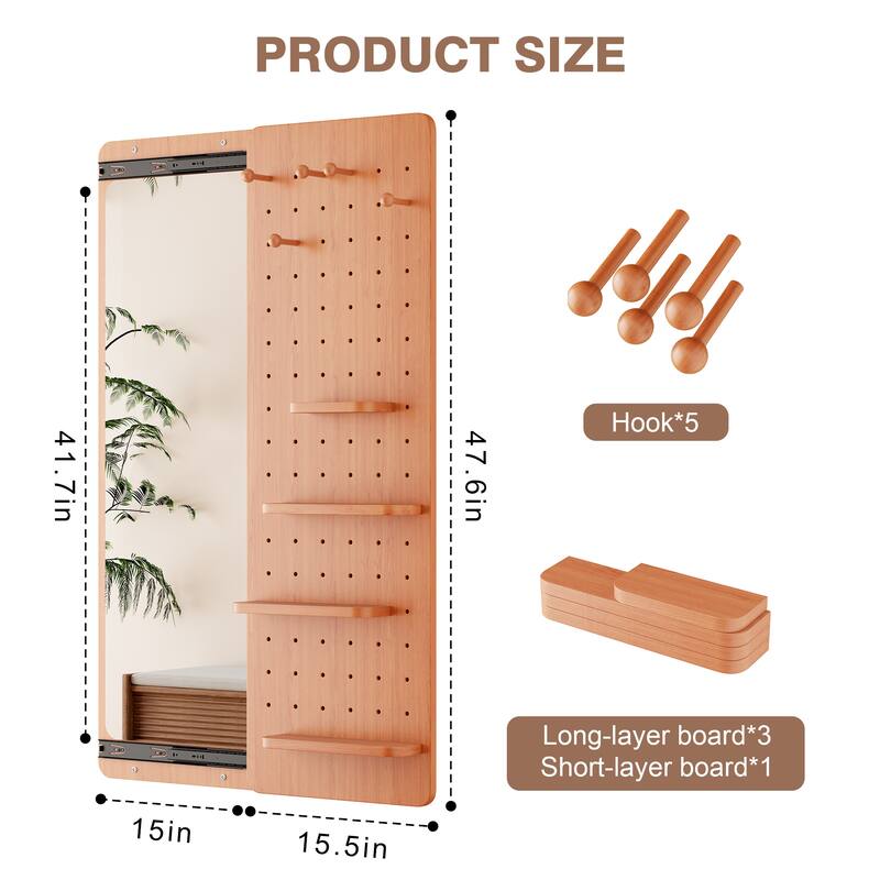 Anmytek Cherry Full Length Wall Mirror with Storage Shelf and Hooks Multifunctional Dressing Mirror for Entryway 48 Inch