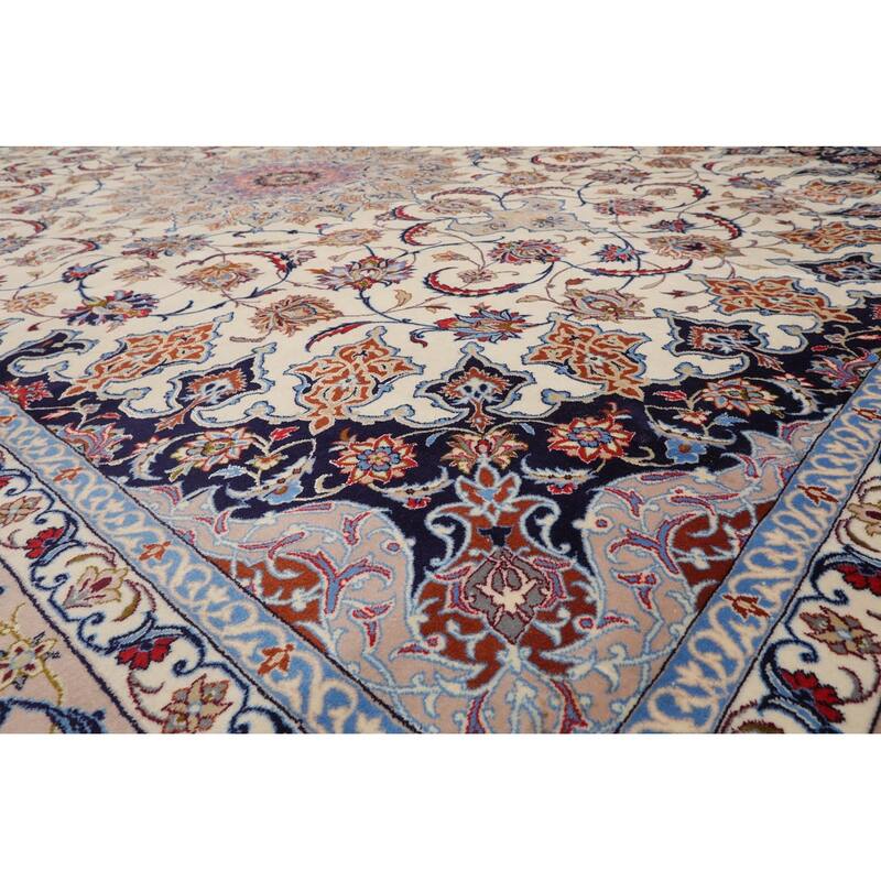 Hand Knotted Isfahan Cream Persian Wool & Silk Traditional Oriental Area Rug - 8' 5'' x 11' 9''