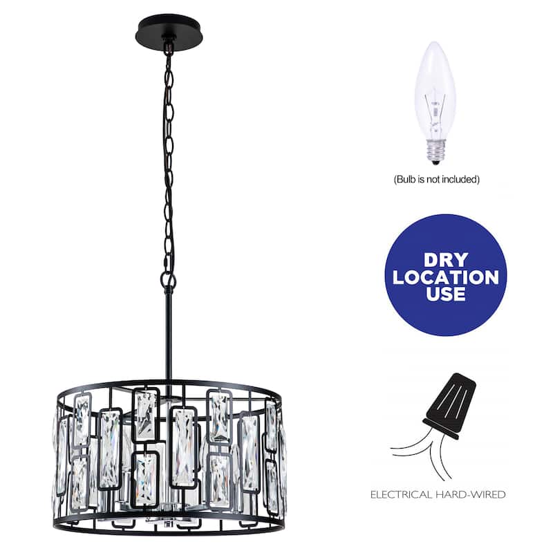 C Cattleya 5-Light Black Crystal Drum Chandelier with Chrome Accents - W16.25"xL16.25"xH19.75"