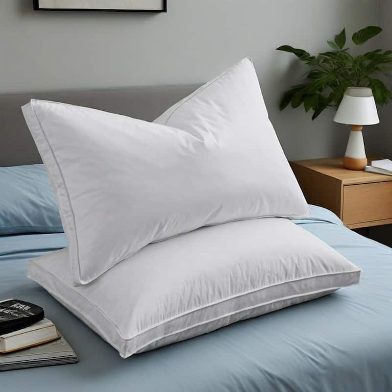 Set of 2 Premium Goose Feather Down Bed Pillows with 300TC Cotton Cover - White