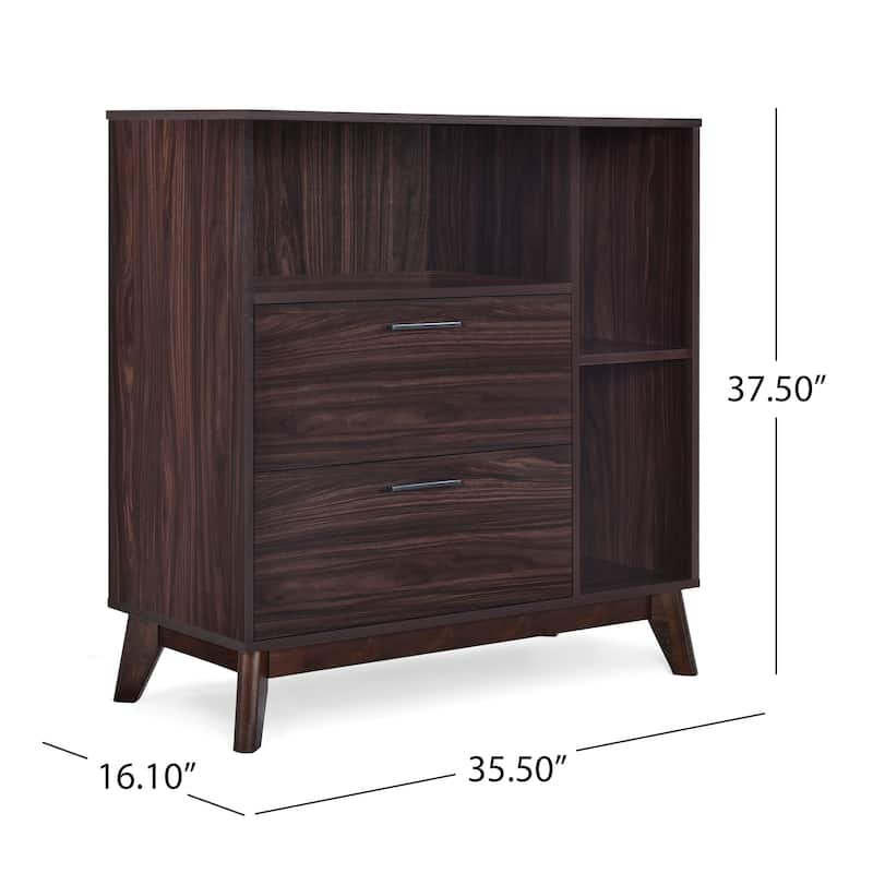 Roomfitters Mid-Century Modern Storage Cabinet with Two Drawers and Open Shelves, Wood Grain Finish