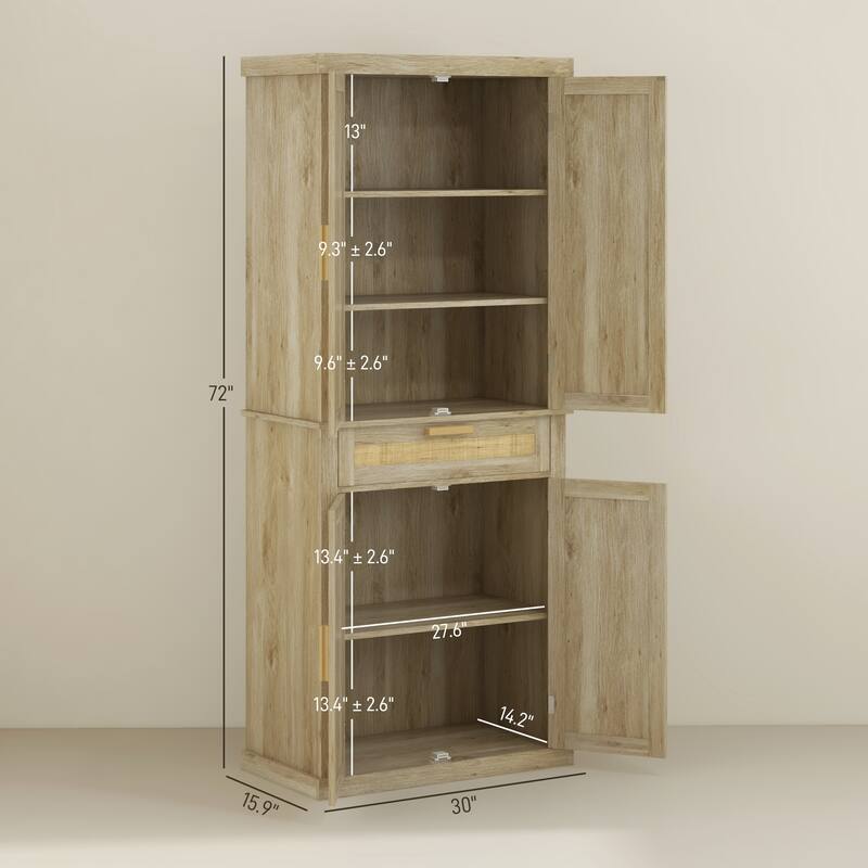 Woven Pantry Cabinet with Adjustable Shelves and Rattan Doors, Tall Kitchen Storage Cabinet Freestanding Buffet Cabinet