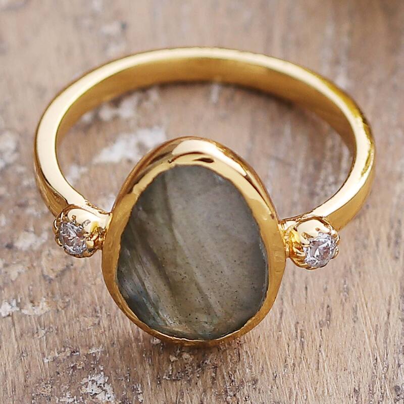 Novica Handmade Evening Light Gold-Plated Labradorite Cocktail Ring