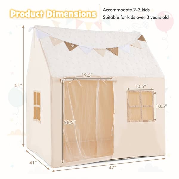 Beige Flannel Kids Playhouse with Glow Stars, Lights, Mesh Windows and Mat - 47" x 41" x 51" (L x W x H)