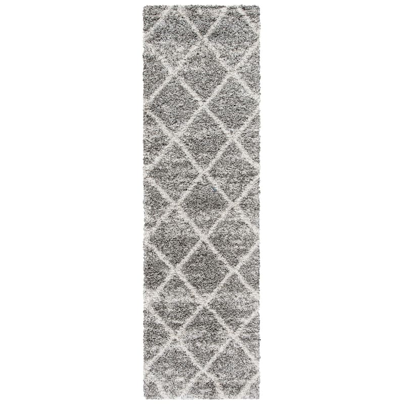 SAFAVIEH Hudson Shag Estella Diamond Trellis 2-inch Thick Rug - 2'3" x 8' Runner - Distressed Grey/Ivory