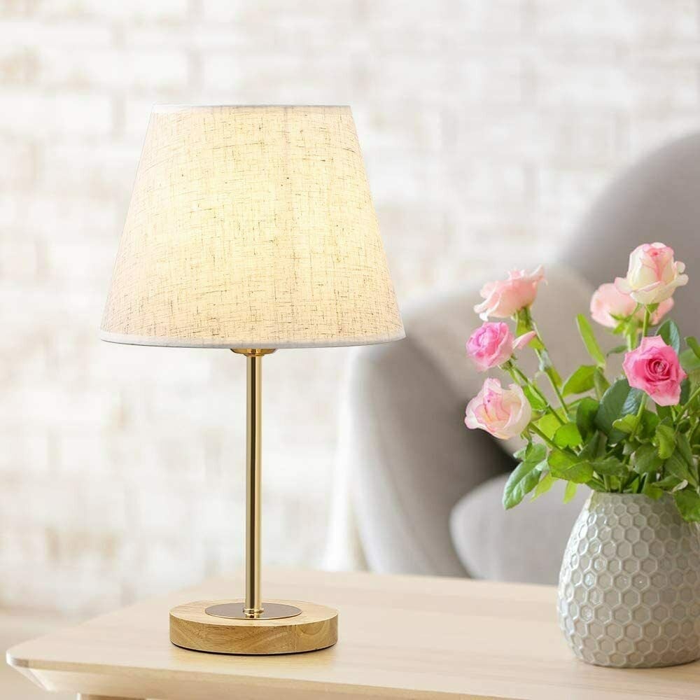 Gold Desk Lamp with Linen Shade, Modern Wood Bedside Lamp Set of 2