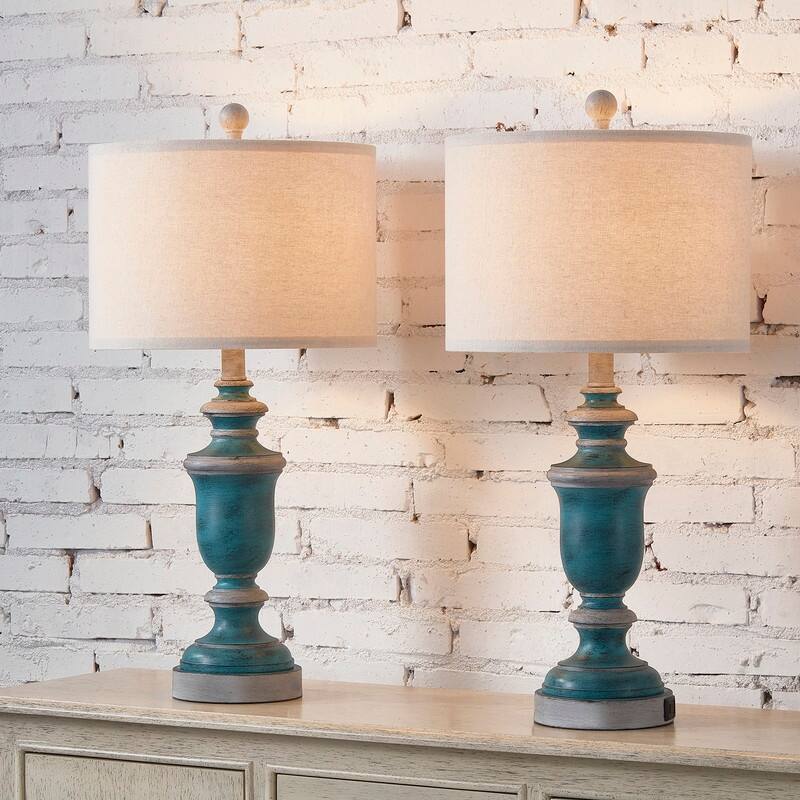 KAWOTI 24" Farmhouse Table Lamp Set with USB Ports(Set of 2) - W12" x H24.75"