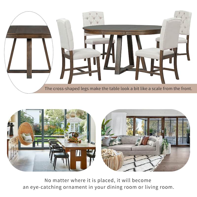 5-Piece Dining Table Set with 4 Upholstered Chairs, 16" Leaf Dining Table, Solid Wood & MDF, for Small Spaces and Dining Rooms