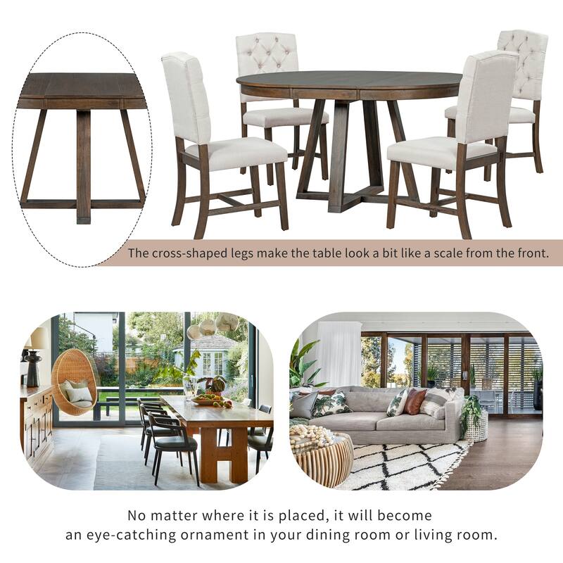 5-Piece Wooden Dining Table Set with Expandable Round Table & 4 Chairs