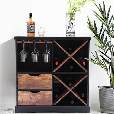 Black and Brown Wood 2-Drawer X-Storage Wine Cabinet