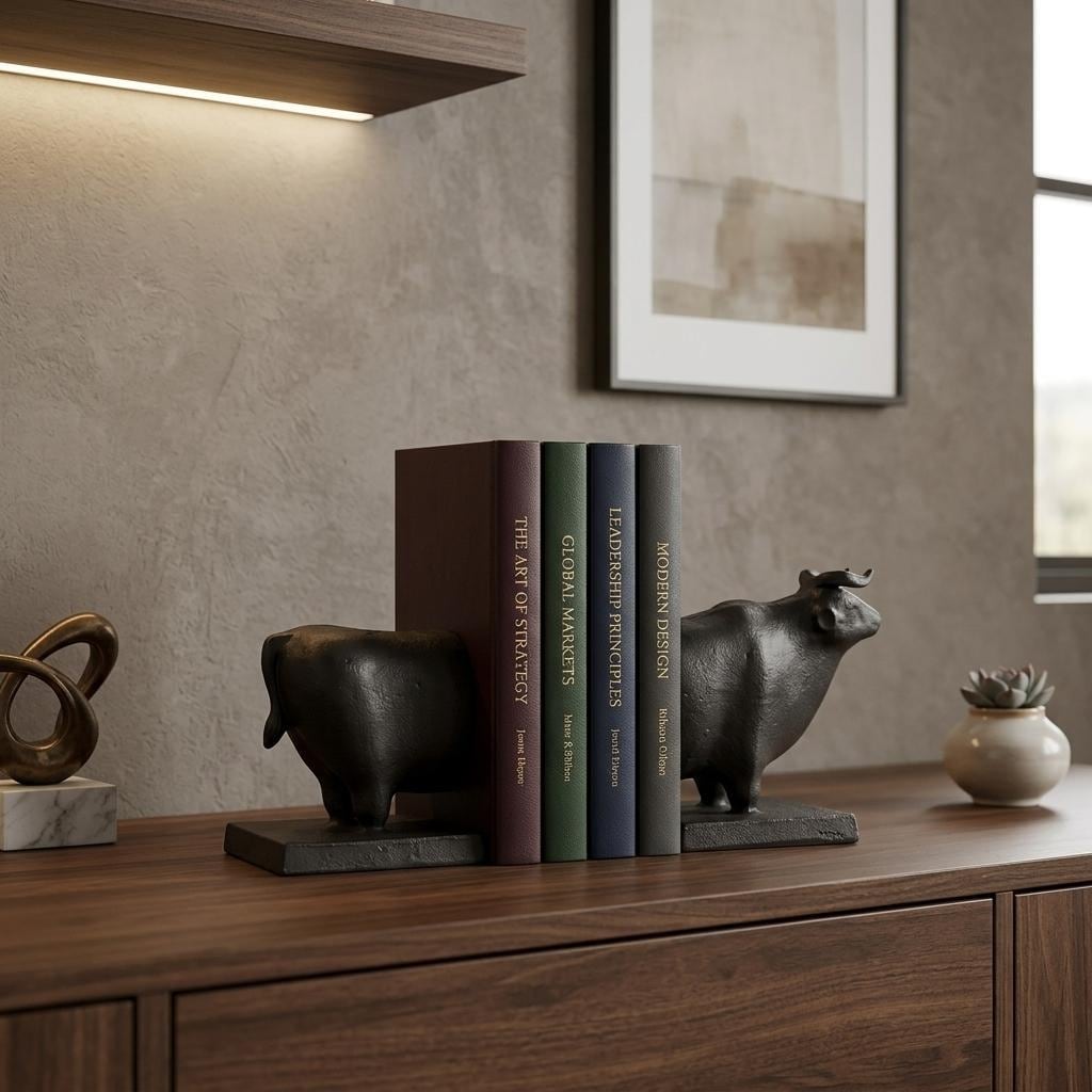 HomeRoots Set of Two 7" Black Fabric Bull Decorative Bookends - 4.25 in. x 6.75 in. x 9.00 in.