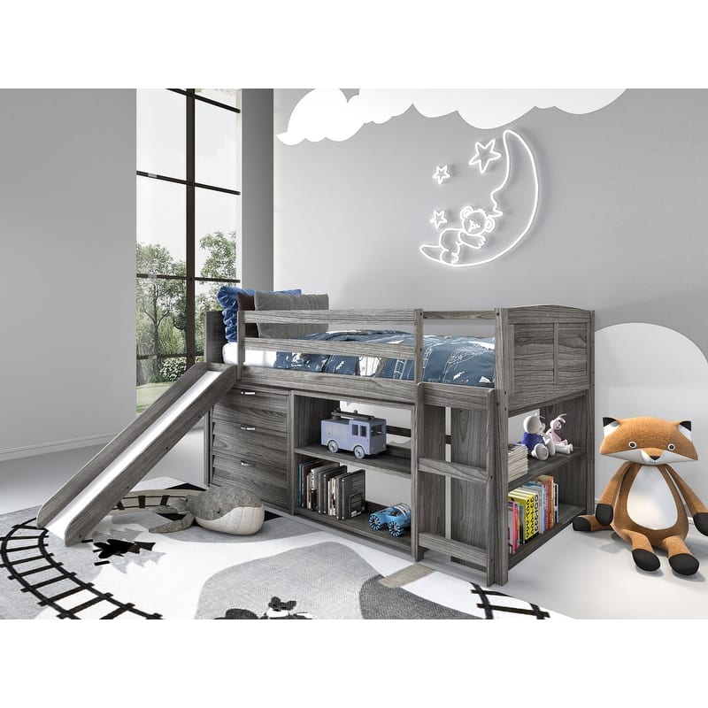Twin-size Antique Grey Louver Storage Bookcase Loft Bed with Slide. - Loft Bed with 3Drawer Chest and 2 Bookcases - Antique Grey
