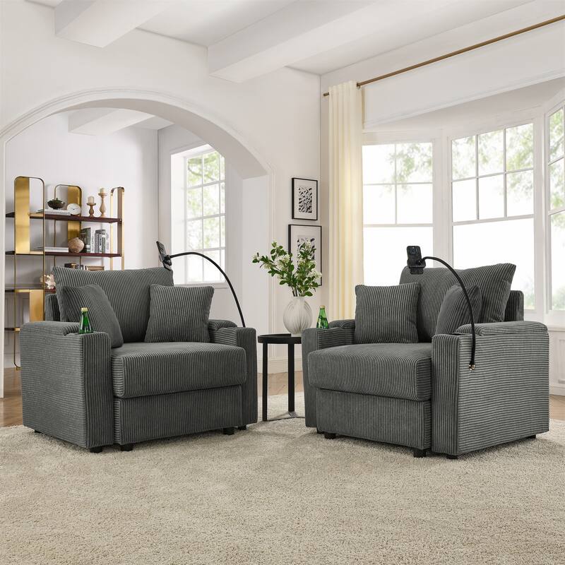 Armchairs Set of 2, Corduroy Upholstered Sofa Accent Chairs with Storage Armrest, Cup Holders and Phone Stand for Living Room - Grey