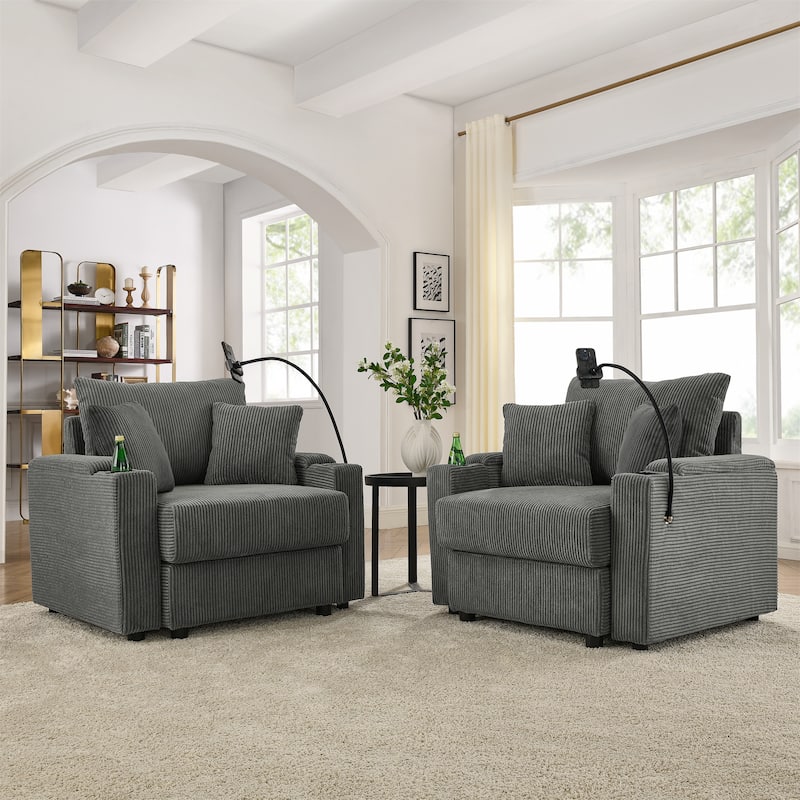 Modern Armchair Lounge Chair with Storage Space, Accent Chair Sofa Chair with Two Cup Holders & A Phone Holder, Set of 2