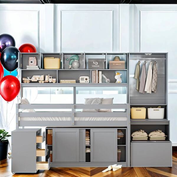 slide 2 of 23, Twin Size Wooden Loft Bed With Large Storage Space And Under Bed Desk With Drawers And Shelves Grey