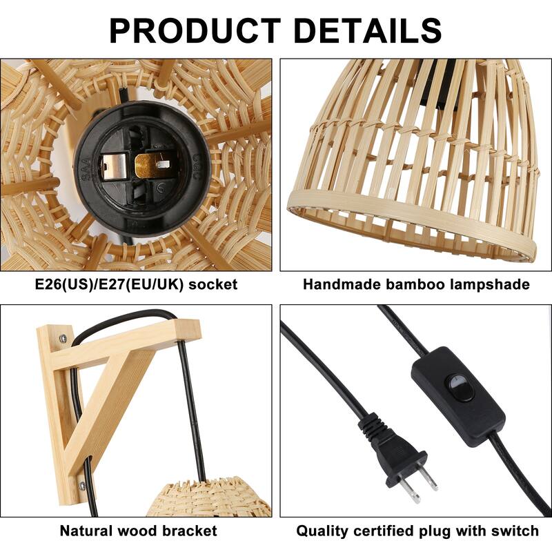 Unique Bamboo Plug in Wall Light Fixture -Wood Rattan Lampshade Wall Sconces for Kitchen Island Living Room Restaurant - Yellow