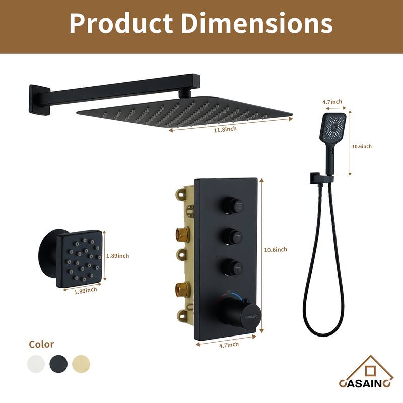 Luxury Thermostatic Shower System 3-Spray Patterns Wall Mount Fixed Shower Head and Handheld Spray with 6 Body Jets - 12" x 12"