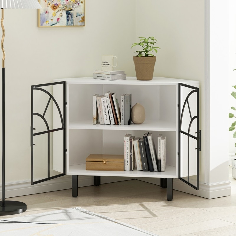 White Glass Two Door Hexagonal Corner Cabinet for Living Room Hallway Bed Bath Beyond 39874676