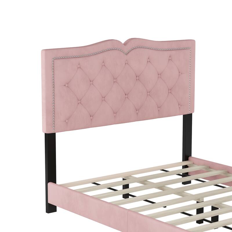 Full Size Velvet Upholstered Bed with Tufted Headboard and Rivet Design, No Box Spring Needed