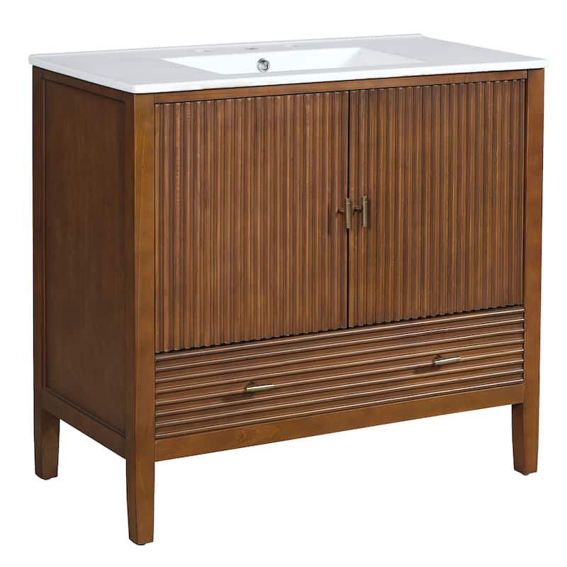 Christopher Knight Home - Mid-Century Freestanding Bathroom Vanity with Ceramic Sink, Flip-Up & Dual Drawers