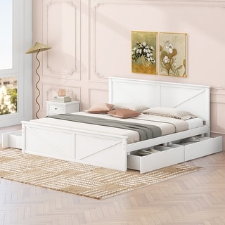 King Size Wooden Bed Frame with Storage Drawers, Headboard, and Support Legs, No Box Spring Needed