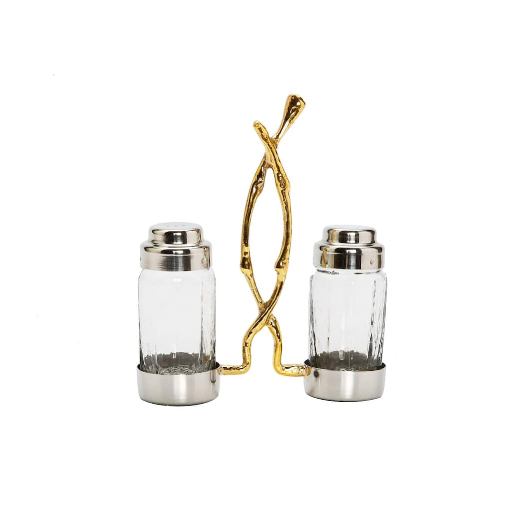 Glass Salt and Pepper Set with Gold Twig Design - 4"L x 2"W x 7.5"H - 4"L x 2"W x 7.5"H