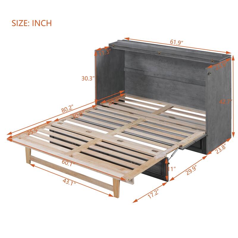 Queen Wall Bed with Built-In Storage Drawers and Rattan Panel Detail, Foldable Cabinet Style Platform Frame for Space Saving