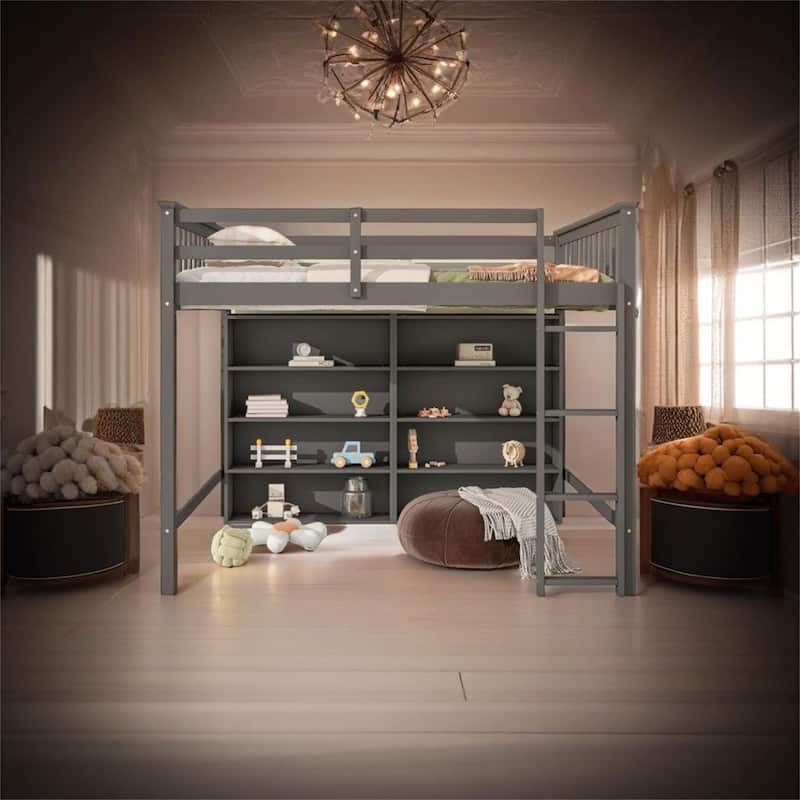 Full Size Loft Bed with 8 Open Storage Shelves and Built-in Ladder