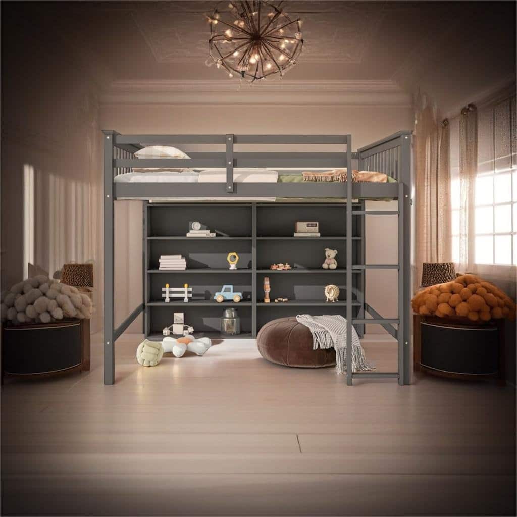 Full Size Loft Bed with 8 Open Storage Shelves and Built-in Ladder