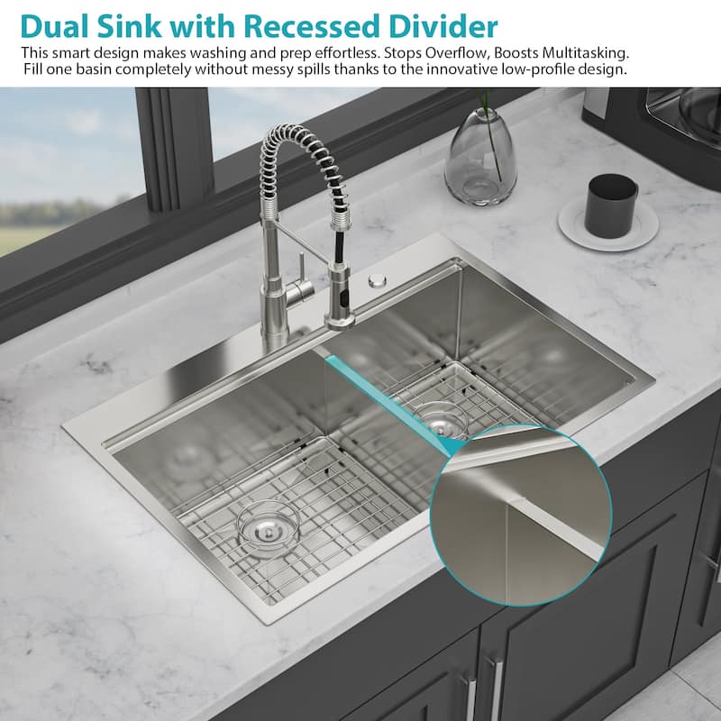 Topmount Drop in Kitchen Sink 36x22x10" Double Bowl Kitchen Sink 16 Gauge with 2 10" Deep Basin, Brushed Nickel