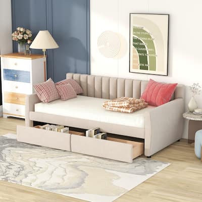 Elegant Twin Upholstered Daybed with Storage Drawers and Wooden Slat Support