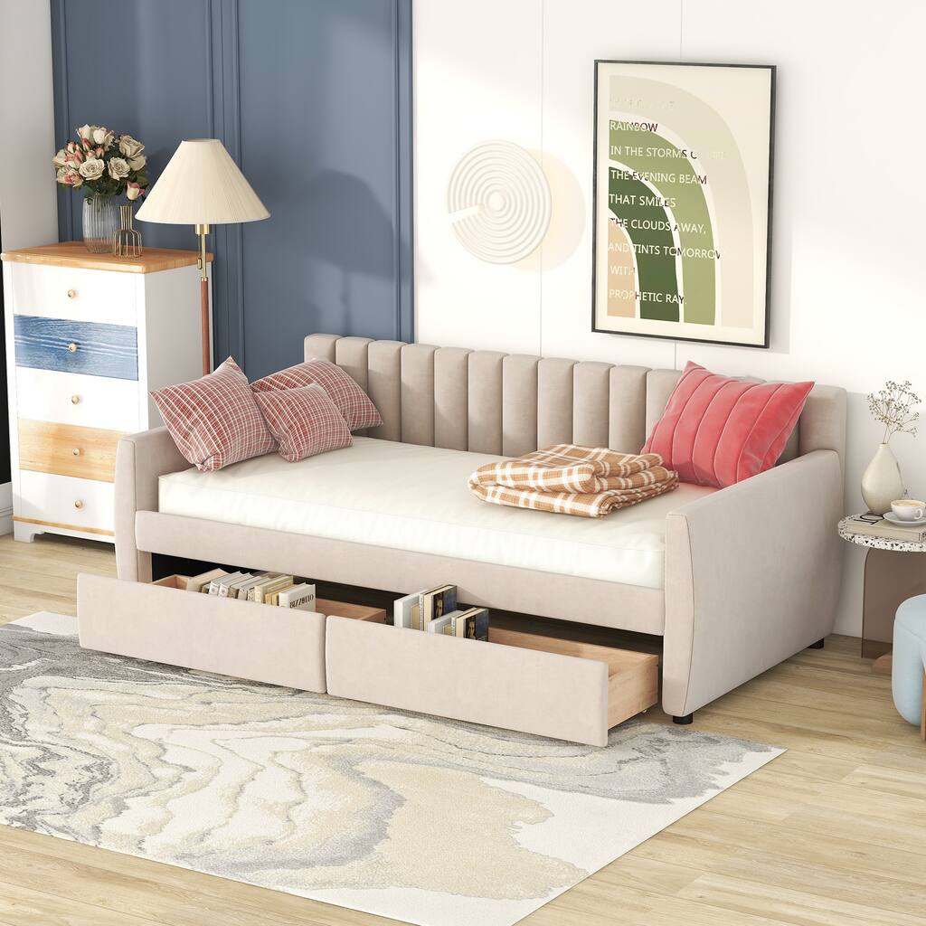 Elegant Twin Upholstered Daybed with Storage Drawers and Wooden Slat Support