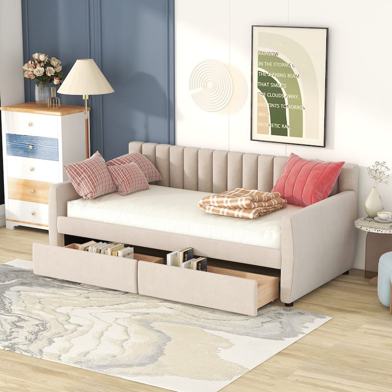 Velvet Upholstered Bed, Twin Size Daybed with 2 Built-in Drawers, 2 Armrests, Backrest and Wood Slat Support - Twin - Beige